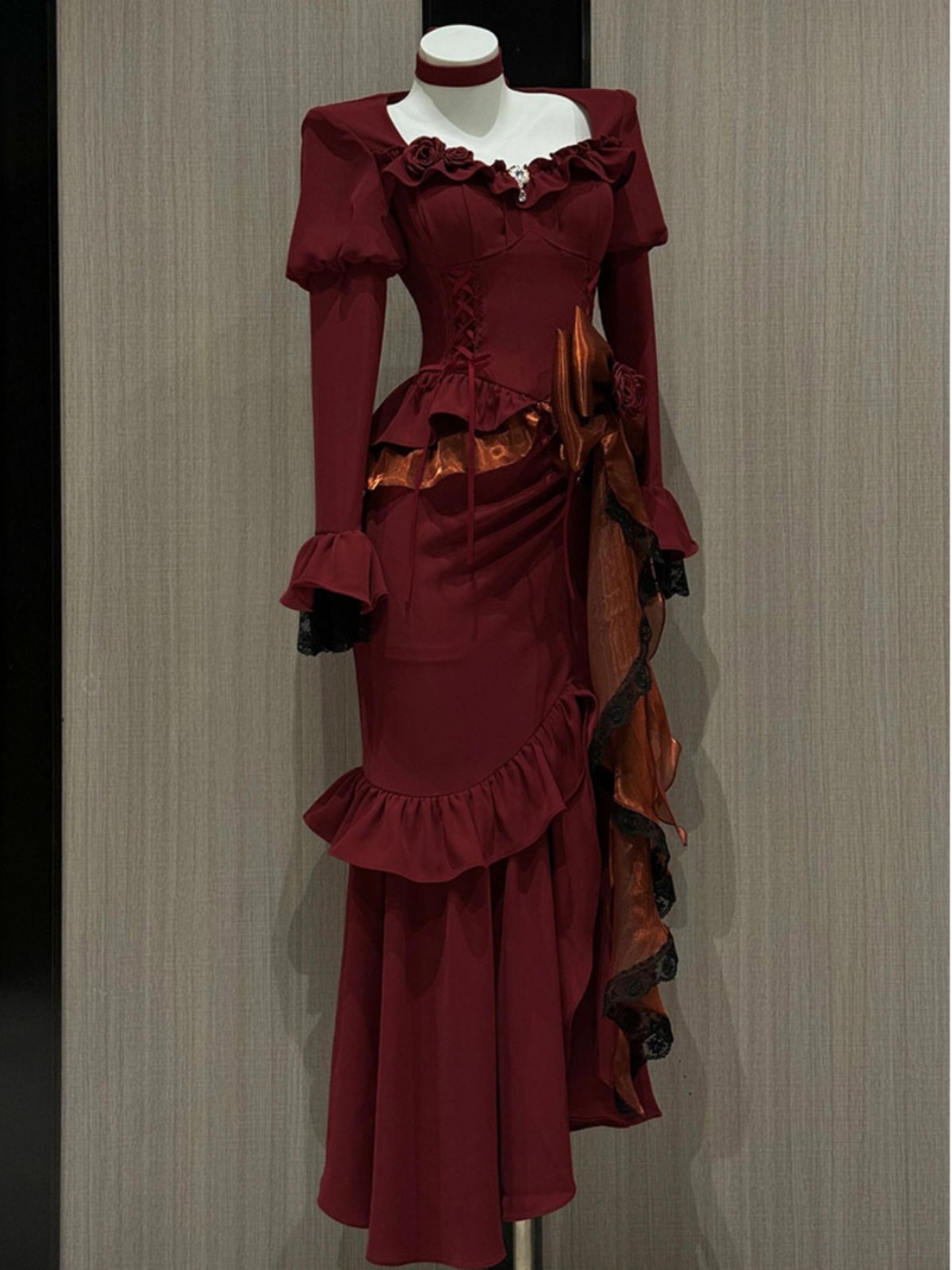 Women'S Red Formal Wear - 봄 레드 빈티지 드레스 여성 레이스