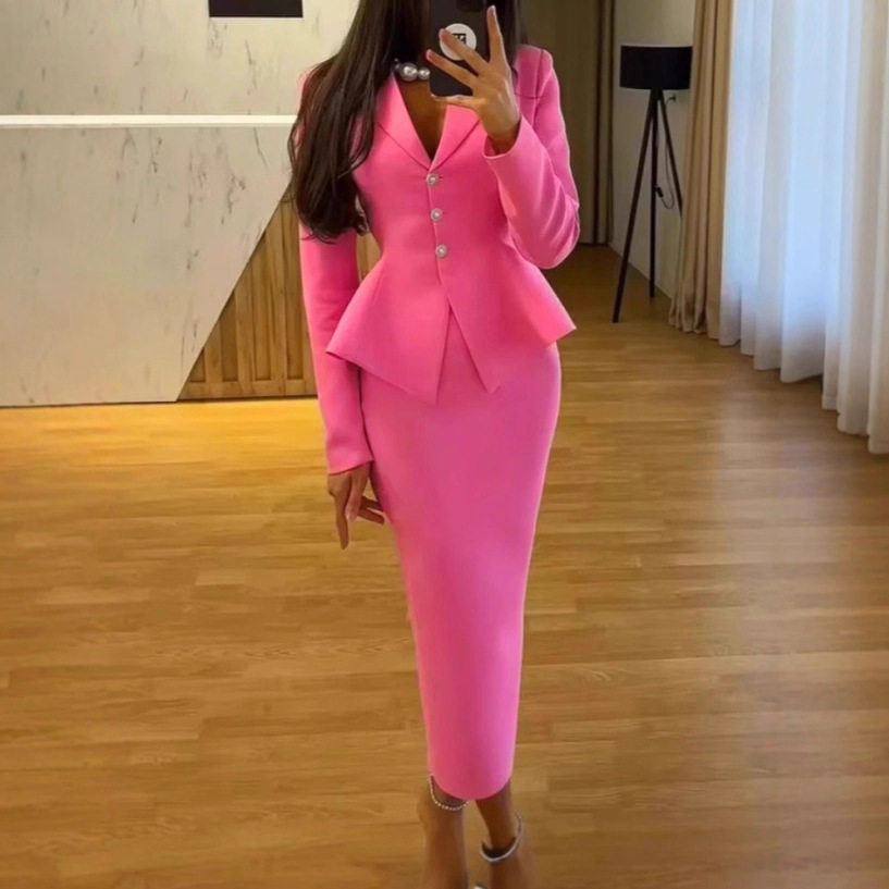 Womens Blazer - 2피스 세트 여성 의류 핑크 페플럼