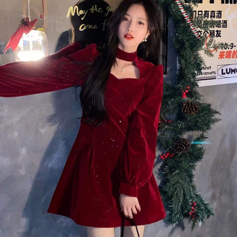Women'S Red Formal Wear - 여성용 파인 스파클링 벨벳 원피스, 하이엔드