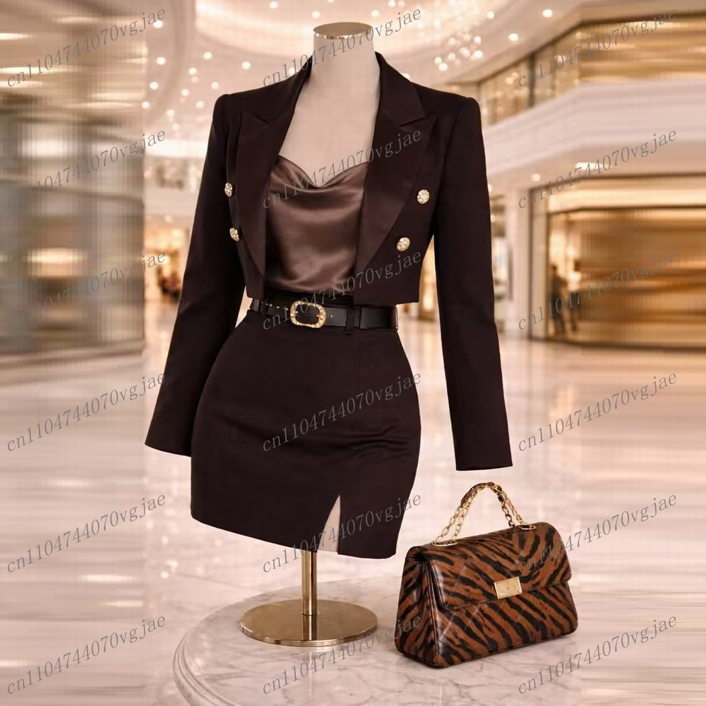 짙은 갈색의 정장 스타일 블레이저와 스커트 세트, 여성 - Formal Skirt 리뷰 및 가격